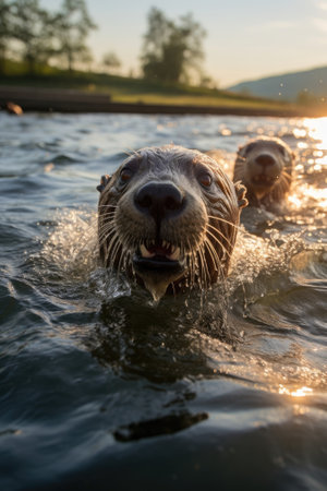 A seal glides in water with a backdrop of sunbeam. Image generated with Generative AIの素材