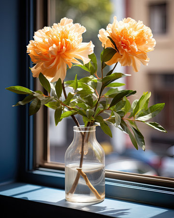 A clear vase on a window sill holds a bright orange flower. Image generated with Generative AIの素材