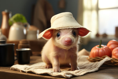 On a white background, a small pig wears a straw hat and blanket. Image generated with Generative AIの素材