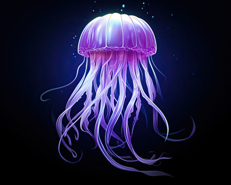 A white and purple tentacled jellyfish floats in water. Image generated with Generative AIの素材