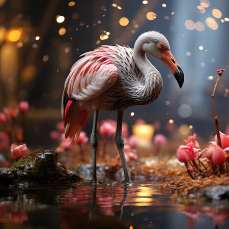 A zoo flamingo drinks water from a pond. Image generated with Generative AIの素材