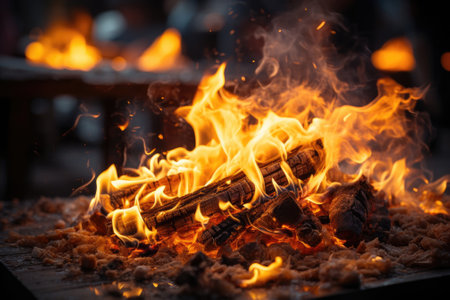 The background is black, featuring red and yellow flames. Image generated with Generative AIの素材