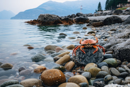 In the foreground, a crab sits on a rocky beach with a mountain and body of water in the background. Image generated with Generative AIの素材