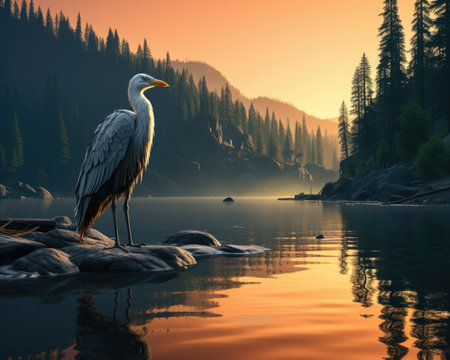 A giant bird by a forest, wading across a river. Image generated with Generative AIの素材