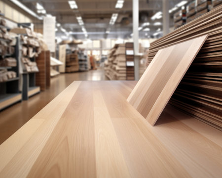 The wooden table is empty with a factory background (aig30). Image generated with Generative AIの素材