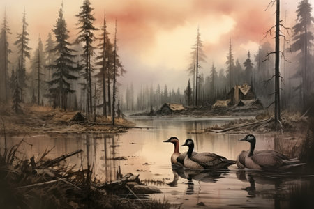There is a painting with ducks swimming in a foggy lake. Image generated with Generative AIの素材
