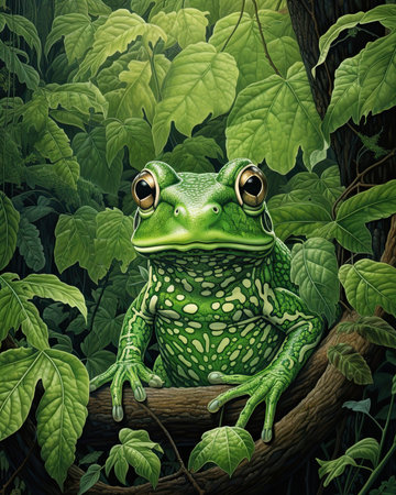 A leaf-covered ground with a green frog sitting on top. Image generated with Generative AIの素材