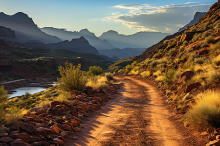 There is a mountain in the desert on a dirt road. Image generated with Generative AIの素材