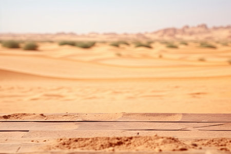 An exuberant image of a wooden table with desert backdrop. Image generated with Generative AIの素材