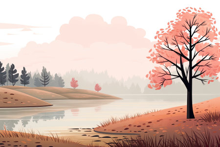In the hazy distance, a solitary tree stands by a mist-covered lake. Image generated with Generative AIの素材