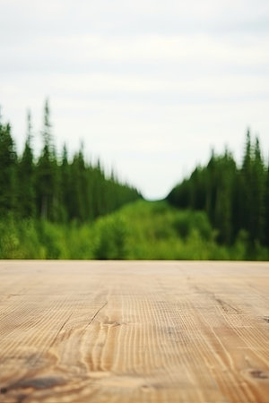 The nature of Alaska creates an exuberantly blurred backdrop for the empty wooden table top. Image generated with Generative AIの素材