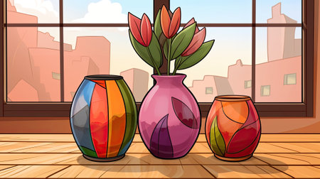 There are three vases on a table. Image generated with Generative AIの素材