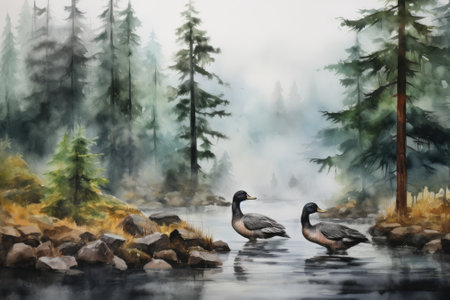 There is a painting with ducks swimming in a foggy lake. Image generated with Generative AIの素材