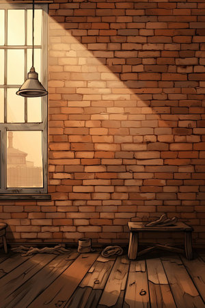 The room has a brick wall and a window with light. Image generated with Generative AIの素材