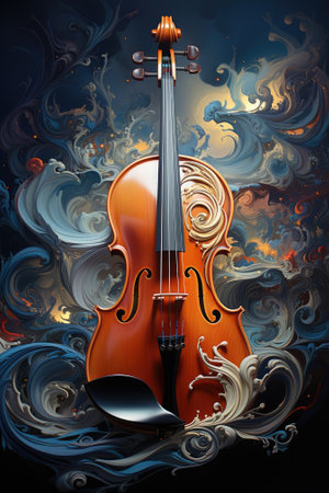 The image features a violin painting on a blue background. Image generated with Generative AIの素材