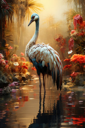 A big bird stands in river beside forest. Image generated with Generative AIの素材
