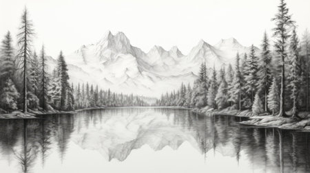 A still body of water reflects a mountain range. Image generated with Generative AIの素材