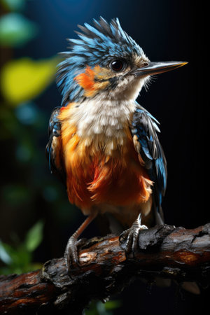 In a forest, a colorful bird perches on a branch. Image generated with Generative AIの素材