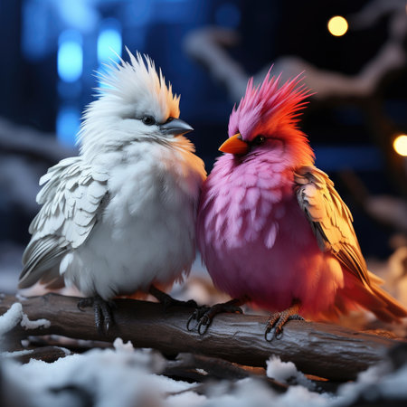 Two birds standing together in the snow. Image generated with Generative AIの素材