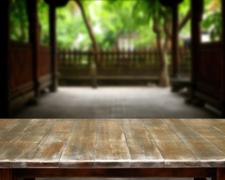 An image with a rustic wooden table top and jungle backdrop. Image generated with Generative AIの素材
