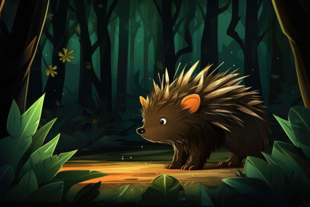 In the forest, a porcupine walks on the ground. Image generated with Generative AIの素材