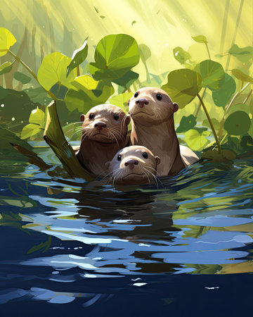 The sun shines on three wet otters in water. Image generated with Generative AIの素材