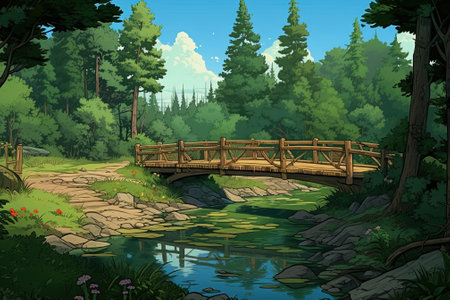 A river, a forest, and a wooden bridge. Image generated with Generative AIの素材