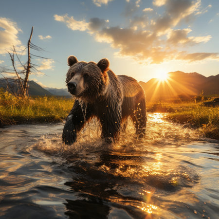 A wild brown bear wades through the water. Image generated with Generative AIの素材