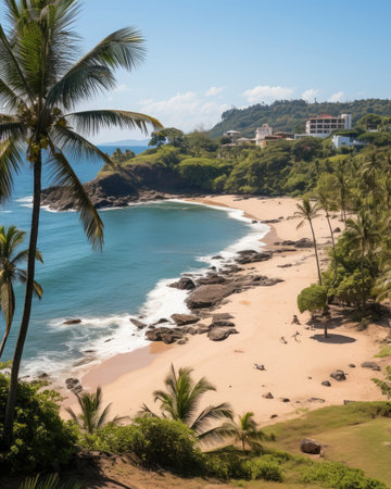 There is an aerial view of sandy beach and ocean with waves. Image generated with Generative AIの素材