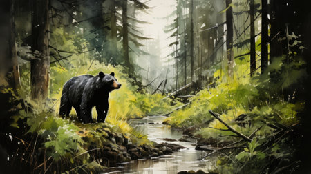 A black bear strolling amidst lush green plants in a forest. Image generated with Generative AIの素材