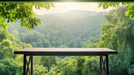 An image of an empty wooden plank table in the jungle. Image generated with Generative AIの素材