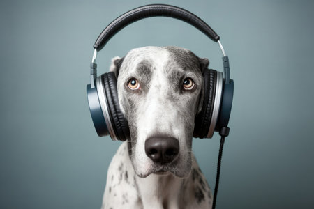 A dog wearing headphones listens to music cutely. Image generated with Generative AIの素材