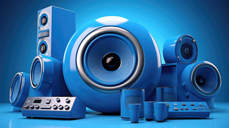 There is a blue speaker with electronics on a blue background. Image generated with Generative AIの素材