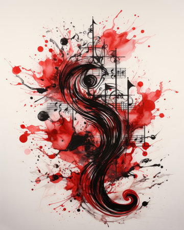 The white wall displays a musical notes painting with red and black swirls, against a black and white background. Image generated with Generative AIの素材