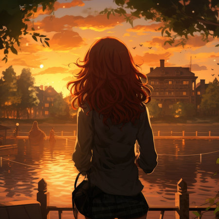 Captivating anime wallpaper depicts girl embracing solitude by the lake. Image generated with Generative AIの素材