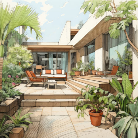 There is a modern back patio with seating and entertainment area. Image generated with Generative AIの素材