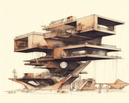 A stunning architectural pencil sketch of a house or office building. Image generated with Generative AIの素材
