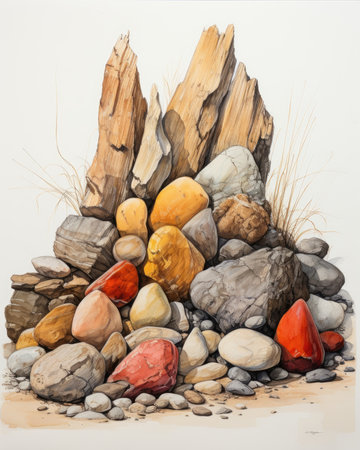 A cluster of rocks rests on the ground. Image generated with Generative AIの素材