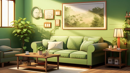 The living room has a green wall, couch, plant, and table. Image generated with Generative AIの素材