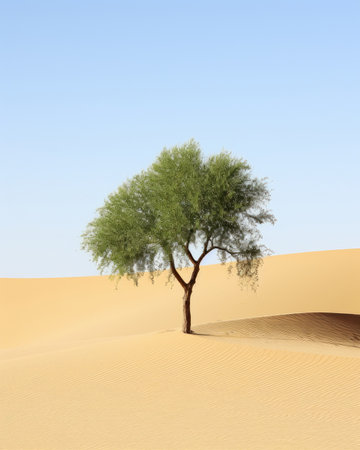 An oasis of green nature thrives in scorching Arabian desert. Image generated with Generative AIの素材