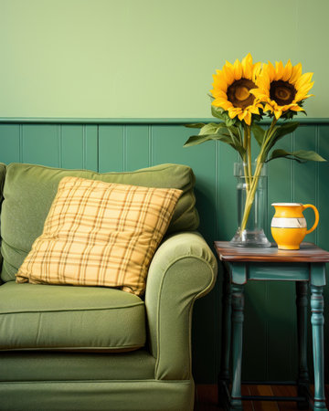 A green couch and sunflower sit in a yellow room. Image generated with Generative AIの素材