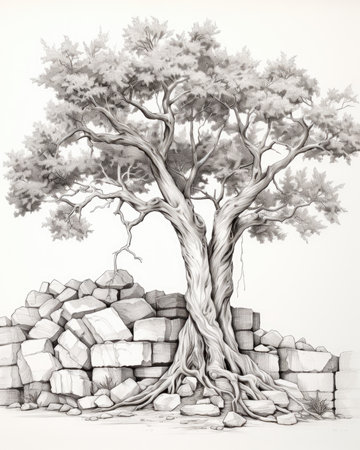 In front of a rock wall stands a tree with a massive trunk. Image generated with Generative AIの素材