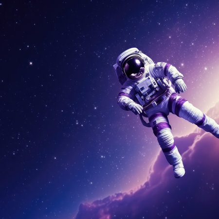 An astronaut or cosmonaut floating amidst a breathtaking nebula or galaxy. Image generated with Generative AIの素材