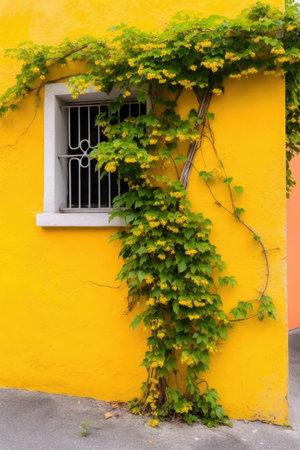 The wall is adorned by a lovely yellow ivy plant. Image generated with Generative AIの素材