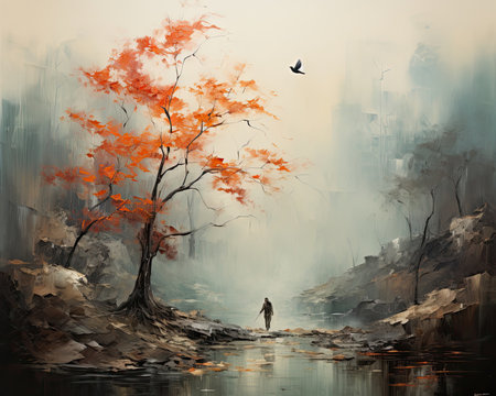 In the forest, a bird flies over fog as a person walks. Image generated with Generative AIの素材