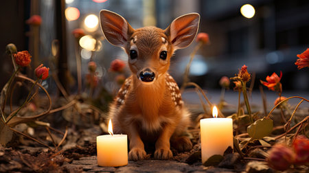 In the background, a small deer sits beside a flower, candle, and building. Image generated with Generative AIの素材
