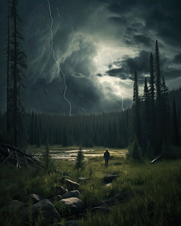 Lost in the wilderness during a thunderstorm. Image generated with Generative AI.の素材