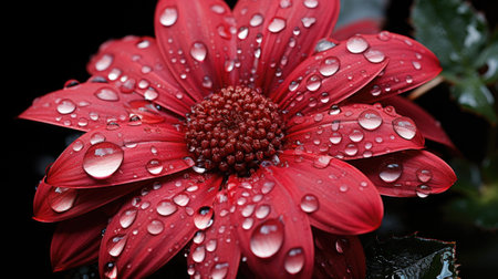 A red flower with water droplets captured in close-up. Image generated with Generative AIの素材