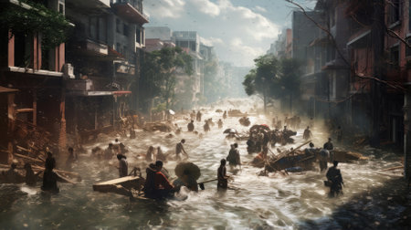 Floods overwhelm city, forcing mass evacuation. Image generated with Generative AI.の素材