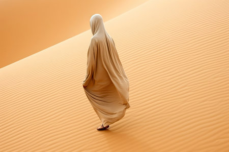 A lone Arab gracefully traversing the Sahara's beautiful, vast landscapes. Image generated with Generative AIの素材